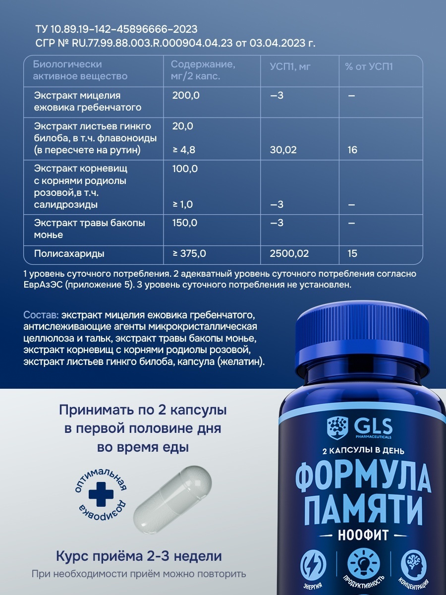 GLS Pharmaceuticals Формула памяти, Ноотроп, Ежовик Гребенчатый + Родиола + Бакопа Монье капсулы 60 шт