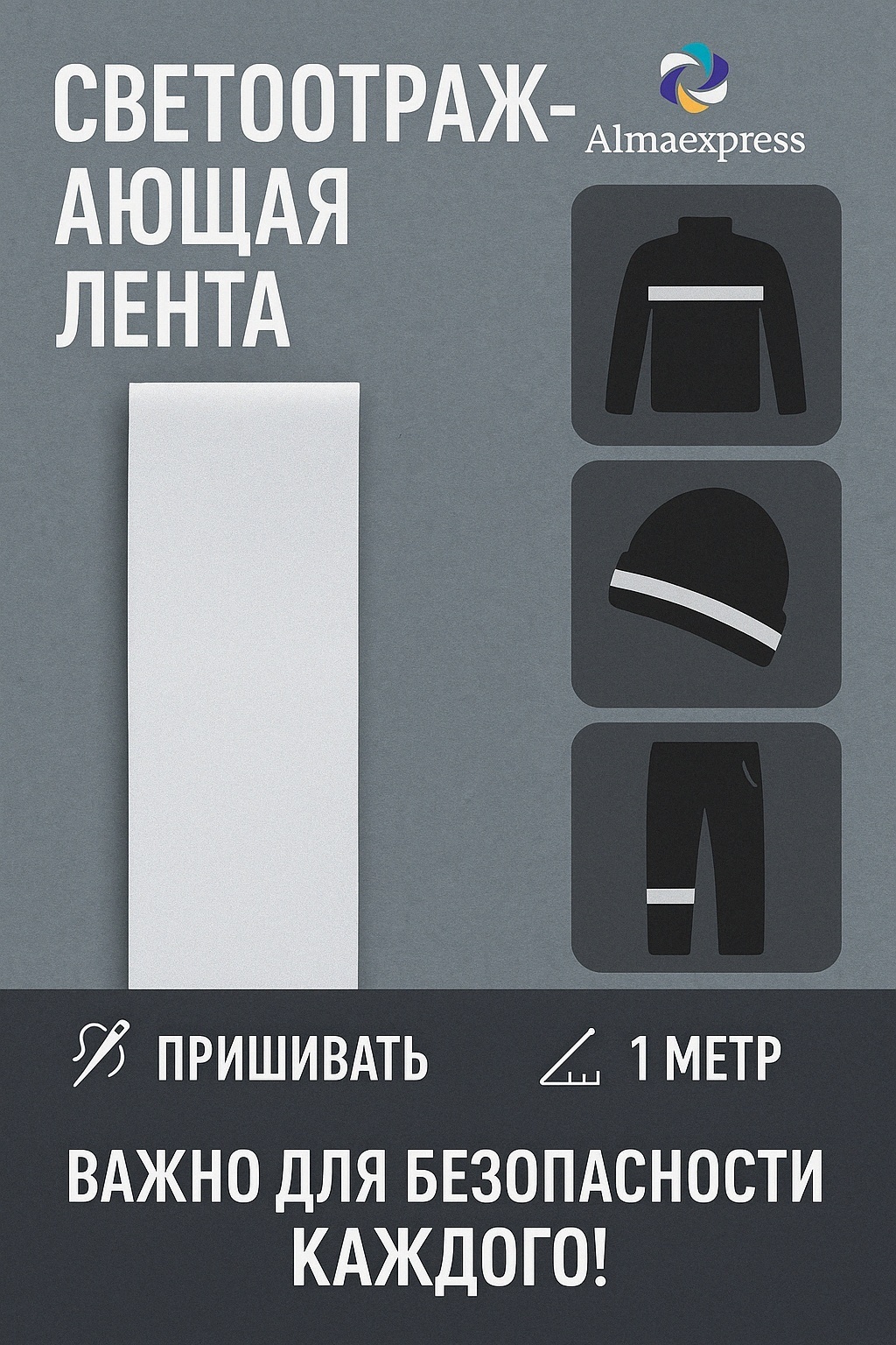 Cветоотражающая лента Almaexpress Светоотражающая лента пришивная 1 метр, 9754456, серый