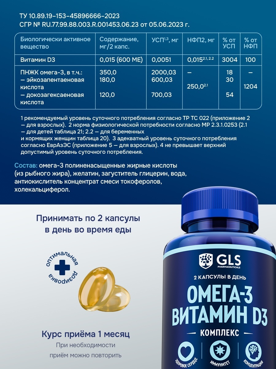 GLS Pharmaceuticals Омега 3 + Витамин Д3, для иммунитета и концентрации капсулы 120 шт